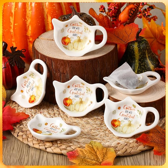 Set of 6 Thanksgiving Fall Pumpkin Tea Bag Holders Porcelain Ceramic Teapot Shaped Coasters Tea Bag Plate Spoon Rests Pad Saucer Seasoning Dish Set for Party Decoration Gifts, 3.7x2.75''