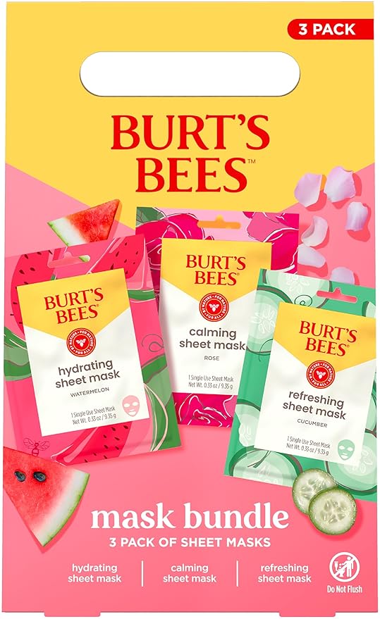 Burt's Bees Christmas Gifts - Face Mask Bundle Set, Hydrating Watermelon, Calming Rose, & Refreshing Cucumber, Face Sheet Masks for Single Use Skin Care, 99% Natural Origin, 3 Count, 0.33oz Each