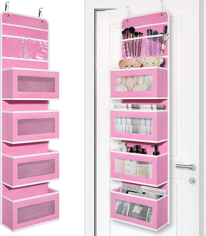Over Door Organizer with 4 Large Capacity Pockets, Hanging Organizer Storage for Closet Bathroom Nursery Bedroom Dorm, Toys Cosmetics Sundries and Baby Essentials, Pink