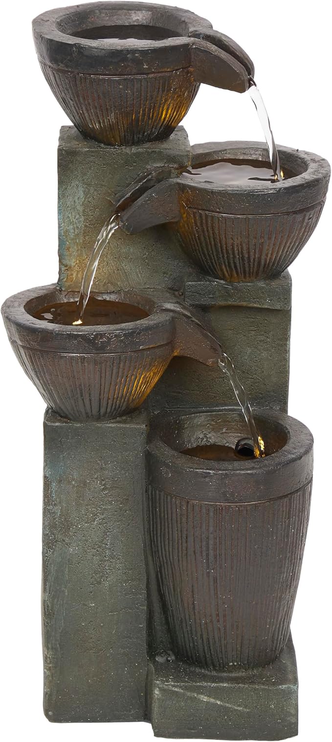 Alpine Corporation TZL416 14" Stoned Jar Water Fountain with Cascading LED Lights, Stylish Tabletop Water Feature for Home, Office, Living Room, Bedroom & Desk Decor, Gray