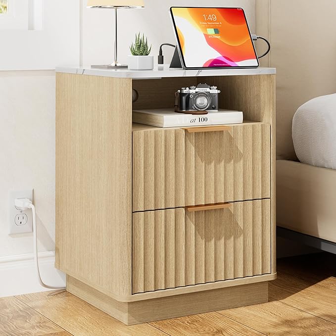 Fluted Nightstand with Charging Station, 18" Modern Night Stand with Faux Marble Top, 2 Drawers End Table with Storage, Bedside Table for Bedroom Living Room, Curved Profile (Natural Oak)