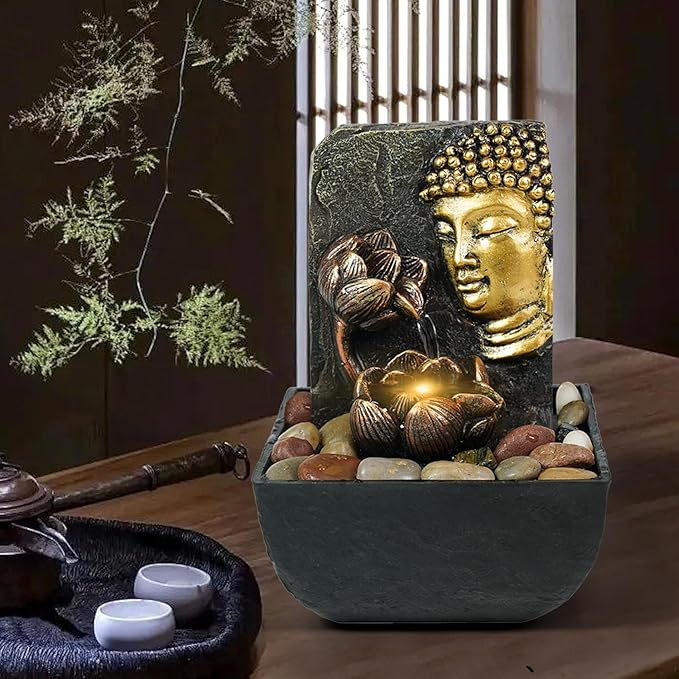 Ferrisland Tabletop Buddha & Lotus Waterfall Fountain with LED Light, Perfect for Zen Home & Office Decor(Gold)