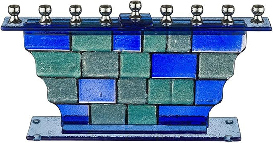 Glass Hanukkiah 9 Branch Menorah: Modern, Elegant Jewish Hanukkah Replica Candelabra Candleholder Stand, 5.5" Blue Colors