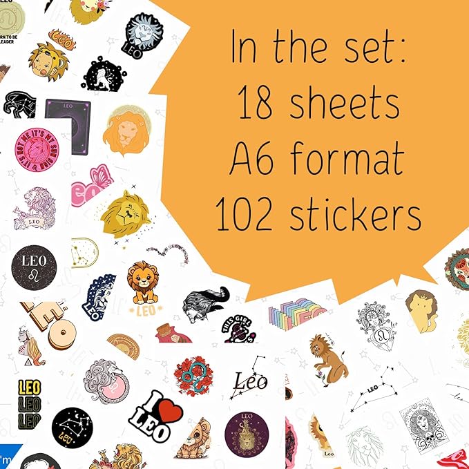 BulbaCraft 100Pcs Leo Stickers (Zodiac) for Water Bottle and Laptop - Leo Party Favors & Decorations, Waterproof Vinyl Astrology Decals, Gifts for Women & Men