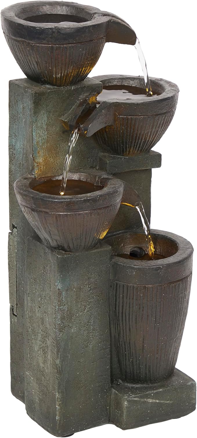 Alpine Corporation TZL416 14" Stoned Jar Water Fountain with Cascading LED Lights, Stylish Tabletop Water Feature for Home, Office, Living Room, Bedroom & Desk Decor, Gray
