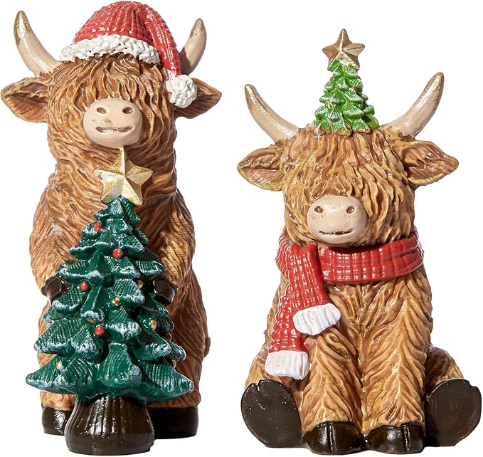 RM ROOMERS Christmas Highland Cow Decor Resin Highland Cow Figurines with Santa Hat Scarf & Tree for Tabletop Shelf Mantel Home Christmas Decoration (Set of 2, 5.39" & 4.48”H)
