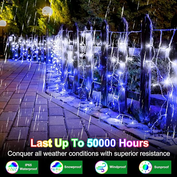 82FT 810 LED Outdoor Christmas Lights - 180 Ice Drops, 12 Pro Modes with Timer Memory & Brightness, Waterproof Hanging Ice String Light for Holiday Wedding Garden Fence House Decor (White & Blue)