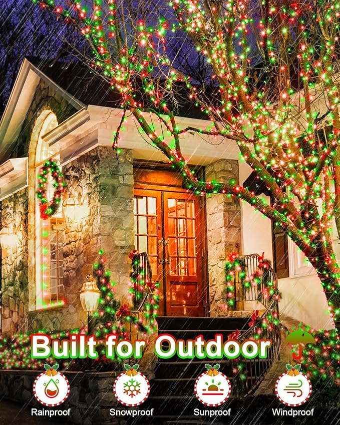 Red Green Christmas Lights Outdoor Total 710FT 1800 LED,Extra Long String Waterproof, Timer & Memory, 8 Modes Dimmable Plug in Fairy for Outside Tree Holiday Party Wedding Decor