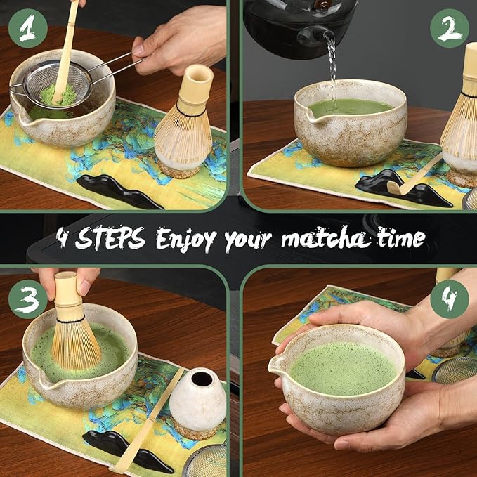 Matcha Whisk Set, 7Pcs Matcha Set Kit include Matcha Bowl, Matcha Whisk and Holder, Bamboo Scoop, Scoop Rest, Sifter and Tea Towel, Matcha Whisk and Bowl Set for Matcha Lovers and Beginers