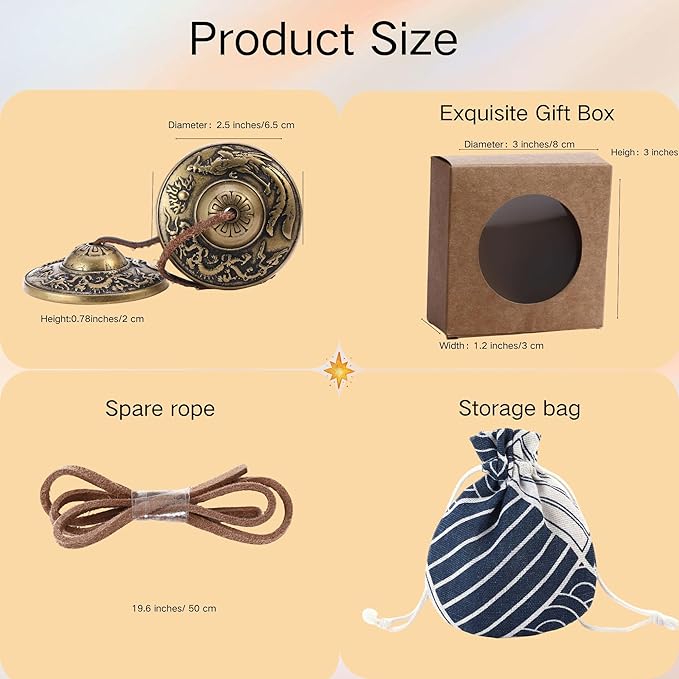 Tibetan Tingsha Cymbals Meditation Chime Bells 2.5" Dragon and Phoenix with Embossed Bell with Gift Box Drawstring Cloth Bag for Sound Healing, Yoga, Stress Relief Meditation Instruments
