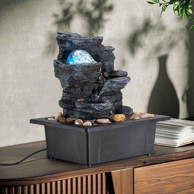 Tabletop Fountain Rotating Ball Rock Waterfall Fountain Office Includes Many Natural River Rocks Decorated with Colorful Lights, 9.05" L x 6.89" W x 10.23" H
