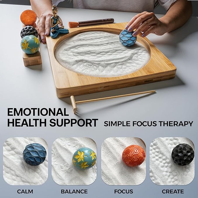 Zen Garden for Desk - 11" Bamboo Sand Tray Therapy Kit | Meditation Gift | Sensory-Based Wellness Tool for Mindfulness & Emotional Support | Zen Decor