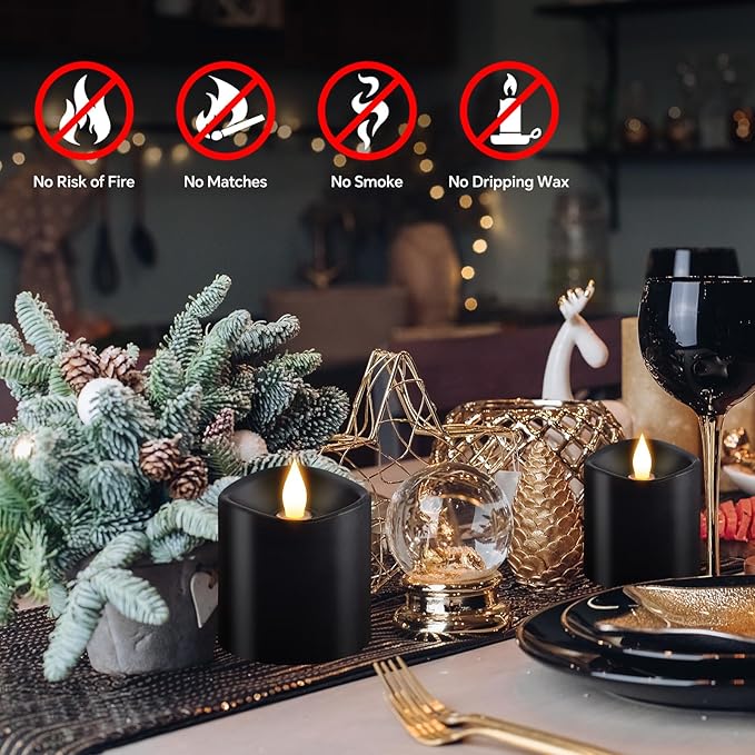 3x3 Flickering Flameless Candles Set of 2, Real Wax LED Candles,with Timer, 3 inch Flameless Candles with Remote,Battery Operated Candles, for Party/Wedding,Black