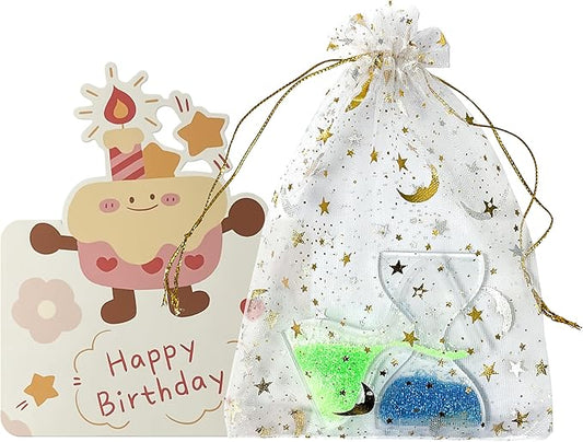 Geiomoo Sand Hourglass Timers with Card, Luminous Sandglass Glow in The Dark for Office Home Decor (Happy Birthday)
