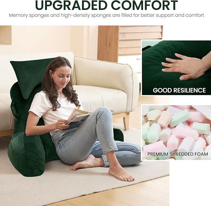 Portable Reading Pillows with Headrest for Bed Sitting Up(Dark Green Oeko-Tex), Velvet Back Pillow with Arms & Pockets for Adults, Support Memory Foam Bed Pillow for Dorm/Watching/Gaming