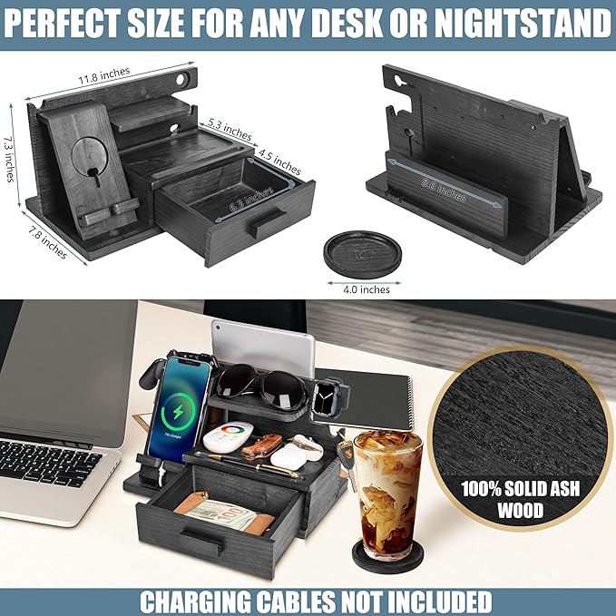 Black Wood Phone Docking Station with Drawer, Compatible with Apple Watch - Wood Charging Station Organizer Stand, Bedside Nightstand Organizer for Men, Holds, Tablet, Glasses, Keys, EDC