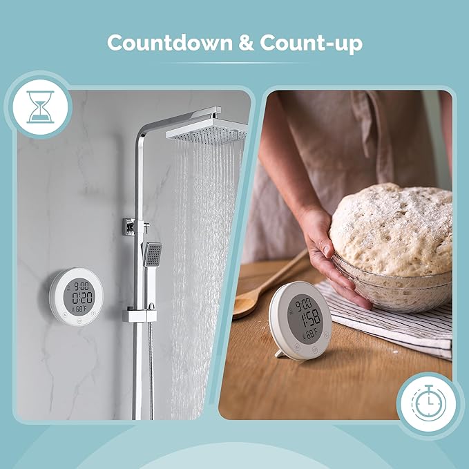 KADAMS Shower Clock Waterproof Bathroom Timer – Digital Wall Clock with Countup & Countdown, Magnetic Kitchen Clock with Temperature, Suction Cup for Kids Shower Spa Sauna Cook Bath, White