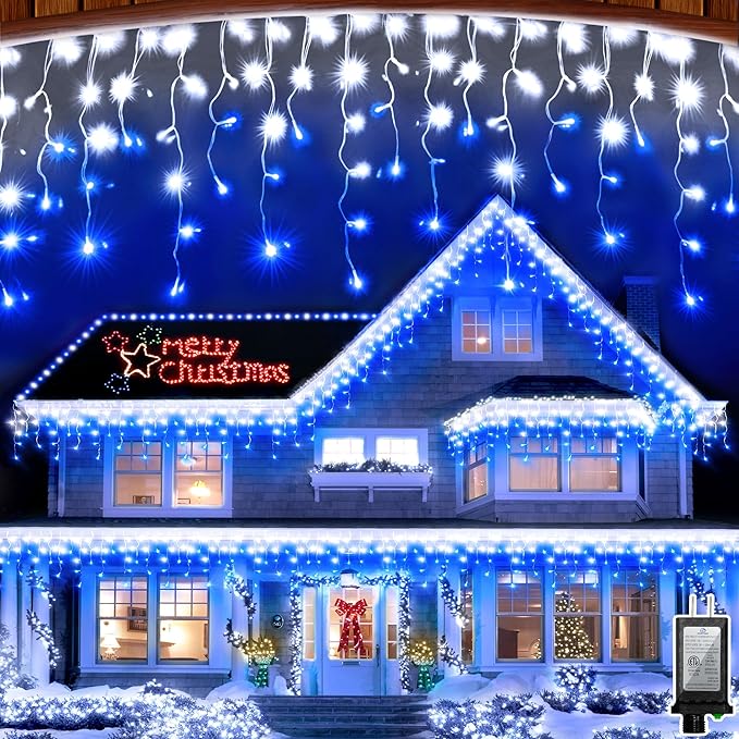 82FT 810 LED Outdoor Christmas Lights - 180 Ice Drops, 12 Pro Modes with Timer Memory & Brightness, Waterproof Hanging Ice String Light for Holiday Wedding Garden Fence House Decor (White & Blue)