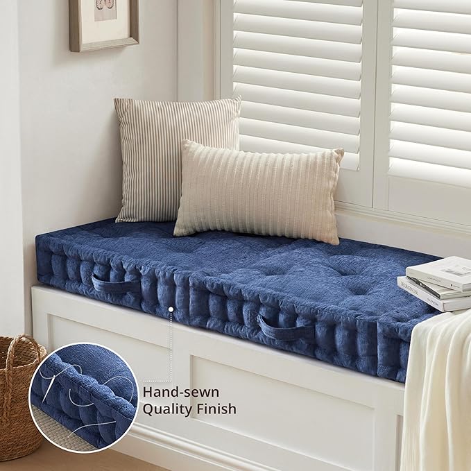 Intelligent Design Large Floor Pillow for Adults Yoga or Meditation Cushion with Handle, Floor Cushion for Board Games, Lustrous Chenille Tufted, Handsewn Scalloped Edge, Azza, 24" x 24" x 5" Navy