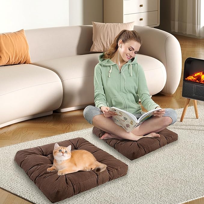 Meditation Floor Cushions, Thickened Floor Pillow for Adults, Large Square Pillows Seat Cushion for Tatami Living Room Yoga, Memory Sponge Block Added, 22x22 Inch, Brown