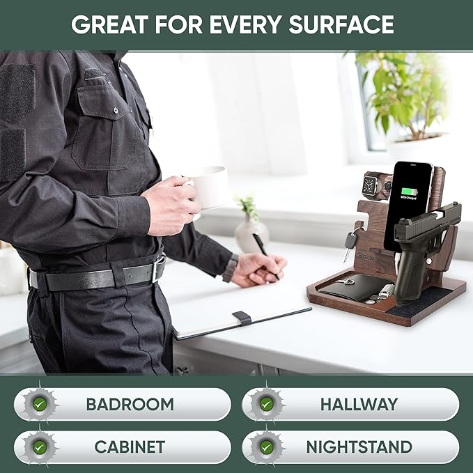 BarvA Phone Docking Station with Patented Adaptive Wood Gun Rack | Night Stand Smart Watch & Phone Stand | Charging Station Desk Organizer | Gun Accessories Storage and Organization