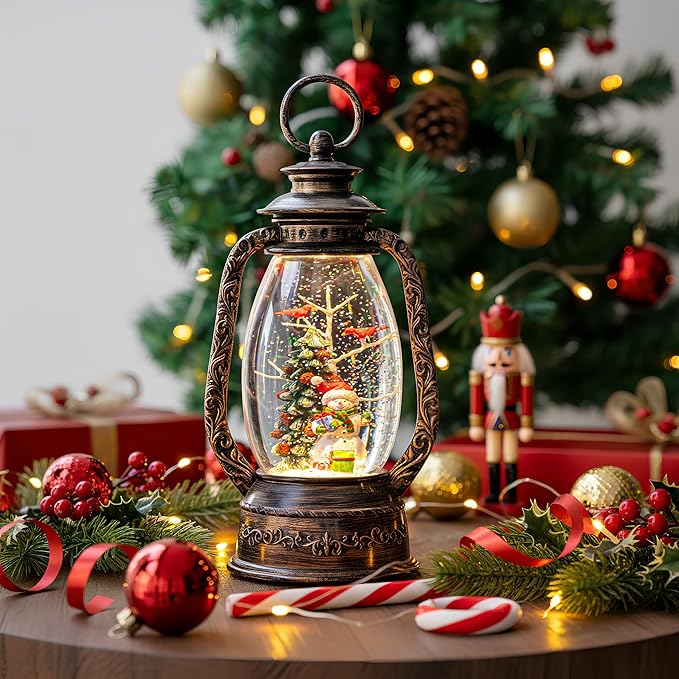 12'' Christmas Musical Snow Globe Lantern Spinning Water Glittering Snowman with Holiday Tree Scene, Battery & USB Powered Light for Home Decoration