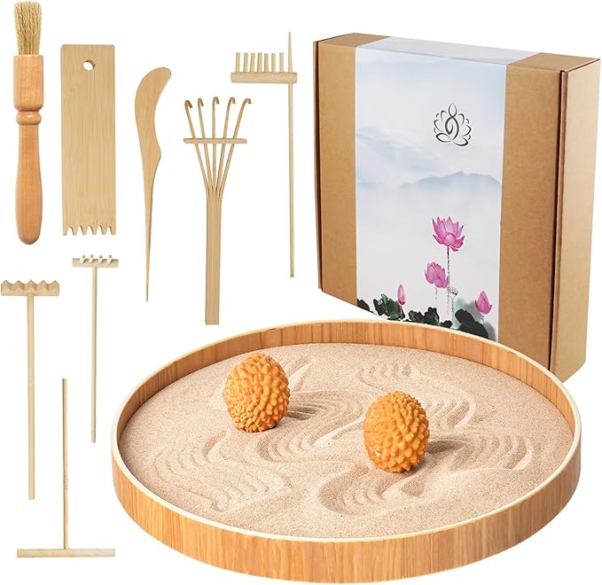 Japanese Zen Garden for Desk, Dorhui Sand Tray Therapy Kit Meditation Gifts - 12”Large Round Bamboo Tray, 7Pcs Mini Zen Garden Rake Kit, Stamp Spheres for Home, Office, and Classroom
