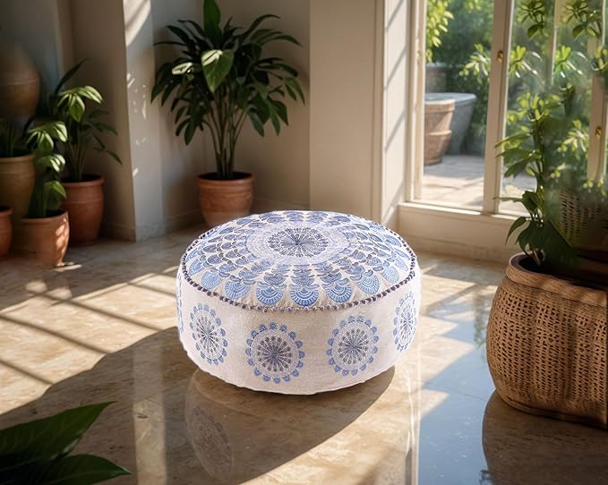Large Round Floor Pillow Cover Blue Indian Décorative Accent Meditation Cushion Perfect for Living Room, Bedroom, Nursary or Children Room Seating Area Stool Footstool Pouf Ottoman 24x8 Unstuffed