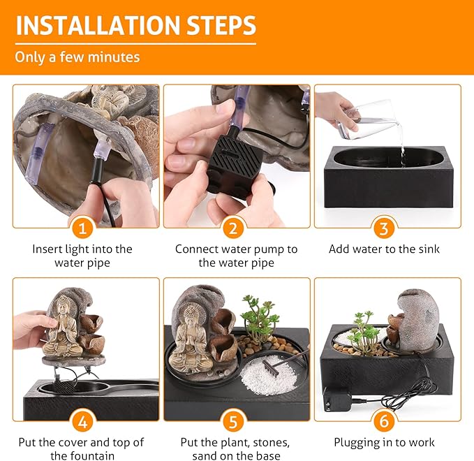 WICHEMI Waterfall Fountains Indoor Water Fountain Tabletop Fountain Zen Garden Buddha Fountain with LED Warm Light for Office Home and Bedroom Desktop Decor