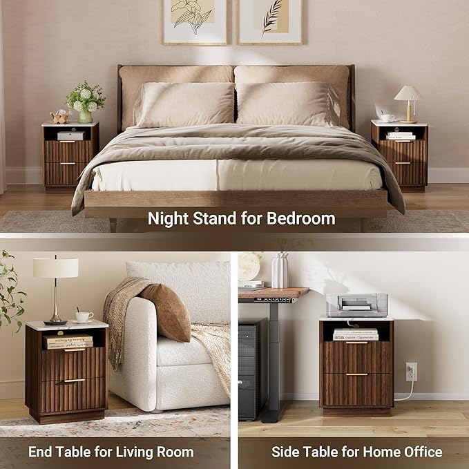 Fluted Nightstand Set of 2 with Charging Station, 18" Modern Night Stand with Faux Marble Top, 2 Drawers End Table with Storage, Bedside Table for Bedroom Living Room,Curved Profile(Walnut)