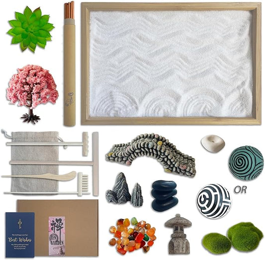Threeheng Mini Japanese Zen Sand Garden Kit for Desk, Muti-Functional Sand Tray Therapy Kit with Bamboo Tray - Includes Ball Insense Holder Crystals and More for Meditation, Gifts (Bamboo)