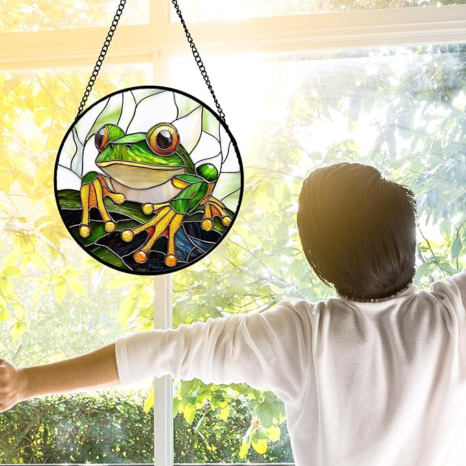 Stained Glass Window Hanging, Green Frog White Petals Sun Catchers Colorful Glass Panel Cute Suncatcher Decor for Birthday for Women, Men, Wife, Aunt, and Mom 11.8x11.8 in