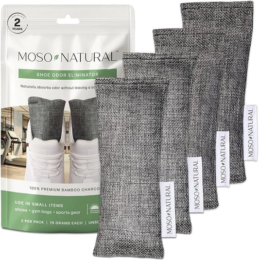 Moso Natural Shoe Deodorizer Inserts, Charcoal Odor Absorber for Shoes, Gym Bag & Boot Deodorizer, Long-Lasting Shoe Odor Elimination, Unscented Air Purifying Bags (Two Per Pack. 4 Total)