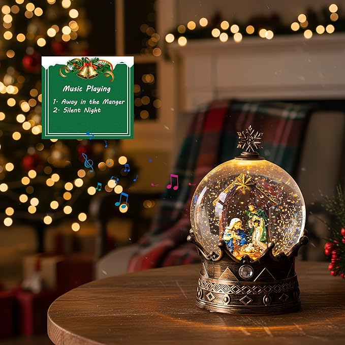 Snow Globe Lighted Christmas Decorations, Nativity Manger Scene Musical Crown Snow Globe Lantern with Swirling Glitter, Christmas Holiday Party Gifts and Decorations