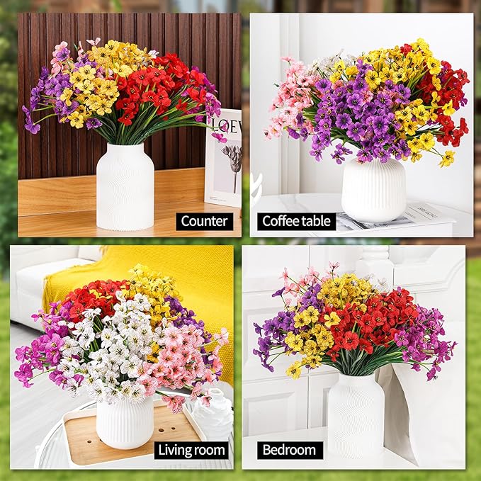 24 Bundles Artificial Flowers for Outdoor Indoor Garden Home Decoration, Plastic Flowers Decoration,Artificial Plants for Indoor Outside Garden Home Wedding Farmhouse (Mix 6 Color)