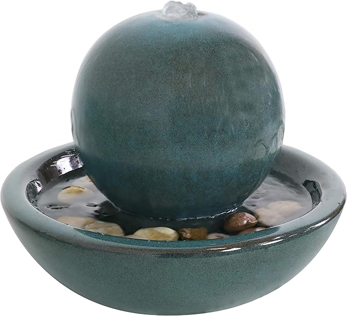 Sunnydaze Tabletop Ceramic Tabletop Fountain with Orb - Relaxing Indoor Fountain for Meditation - for Office, Bedroom, or Living Room - Teal