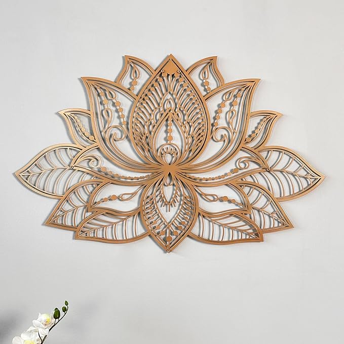 Colorfull Worlds Mandala Metal Wall Decor, Lotus Flower Meditation Room Decor, Minimalist Zen Garden Bohemian Gift for New Year (17" x 11" | 43 x 27.5 cm, Copper)