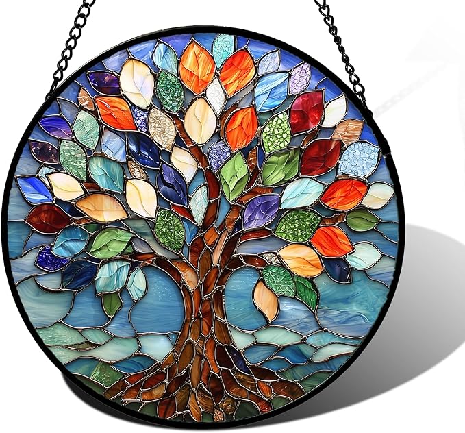Stained Glass Window Hanging, Colorful Tree of Life Sun Catchers Glass Panel Blue Suncatcher Decor for Birthday for Women, Men, Wife, Aunt, and Mom 9.8 in