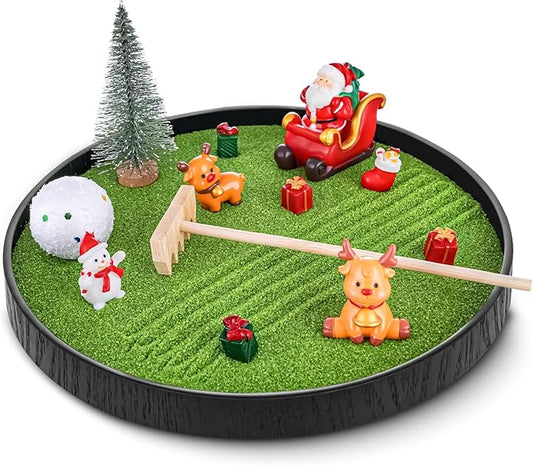Christmas Zen Garden Kit for Desk 8.2''Round Mini Zen Garden with Accessories, Desktop Christmas Decor Sand Tray, Ideal Holiday Decoration Gifts for Family and Friend