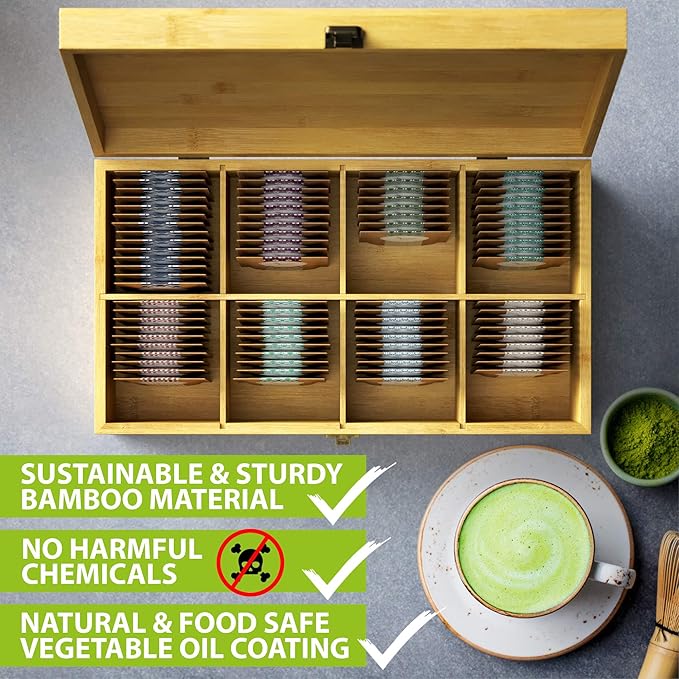 Tea Organizer Box Food Safe Chemical Free Bamboo Wood Storage Chest Big, Tall, Adjustable Cubbies (8-Slot 14.3" x 8.1" x 4.2" with TEA print design)
