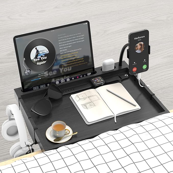 Bedside Shelf with Phone Holder for Bed, ‎Bamboo Bed Shelf Organizer for Top Bunk, Clip on Nightstand for College Dorm Loft Bed, Bedside Tray for Kids, Built Earphones & Tablet Slot