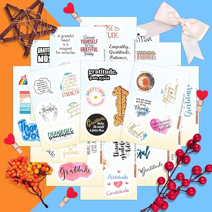 BulbaCraft Gratitude Stickers for Water Bottle and Laptop - Inspirational Party Favors & Decorations, Waterproof Vinyl Positive Decals, Thankfulness Stickers Laptop Decals, Gifts for Women & Men