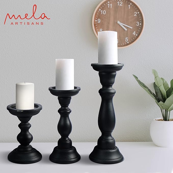 Mela Artisans Matte Black Hand Carved Wooden Pillar Candle Holders - Set of 3 | Tuli Decorative Style | Crafted from Mango Wood | Rustic Table Centerpiece Decor | Sized 6", 9" and 12"
