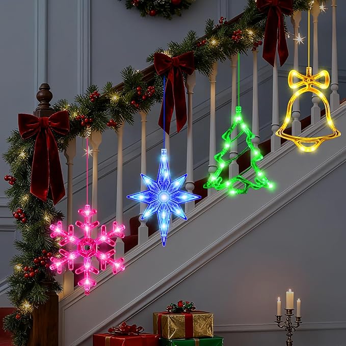 4Pack Christmas Window Lights Decorations with Timer,Battery Powered Christmas Hanging Multicolor Lighted Snowflake Tree Bells Lucky Star Shaped LED Sucker for Xmas Tree Fireplace Indoor Decor