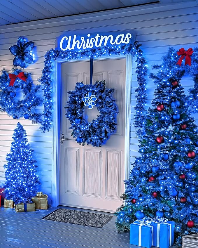 125FT 380LED Blue Christmas Lights, Extra Long Outdoor String Lights Waterproof, Timer & Memory, 8 Modes Dimmable Plug in Fairy Lights for Outside Tree Wedding Patry Holiday Decorations