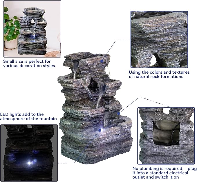 Ferrisland 5-Tier Cascading Tabletop Fountain with LED Lights - Indoor Water Fountain Decor Tabletop Small Relaxation Waterfall Feature Dark Gray