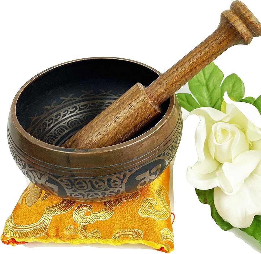 3382 SB Tibetan Auspicious Symbol Singing Bowl Set ~ Mallet Cushion Meditation Chakra Healing Prayer Yoga Mindfulness (SB-3382-F)