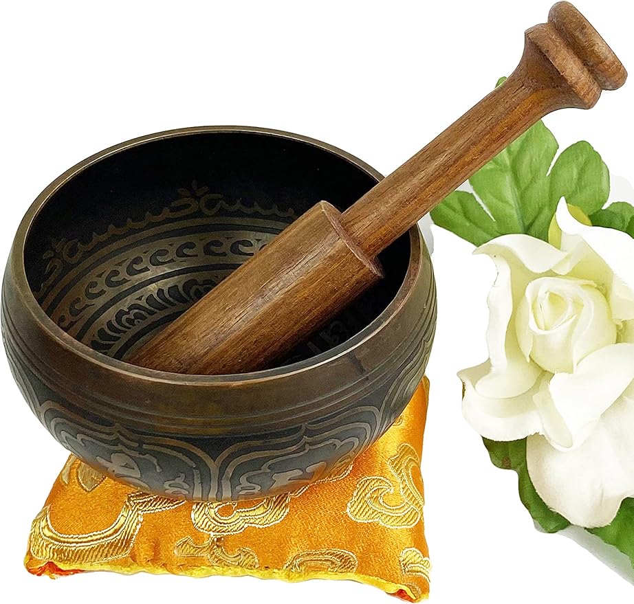 3376 SB Tibetan Auspicious Symbol Singing Bowl Set ~ Mallet Cushion Meditation Chakra Healing Prayer Yoga Mindfulness (SB-3376-E)