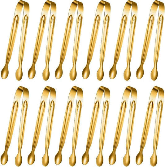 Gejoy 12 Pieces Mini Tongs Stainless Steel Small Sugar Serving Tongs for Charcuterie Board Appetizers Dessert Serving Food Tiny Party Danish Candy(6 Inch,Gold)