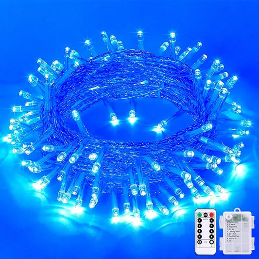 JMEXSUSS 33ft 100 LED Blue Christmas Tree Lights, Battery Operated Christmas Lights with 8 Modes Remote Waterproof Outdoor Indoor for Halloween Christmas Outside Decorations